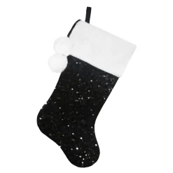 Outlet Christmas Forever STOCKING 20.5″ BLACK SEQUINS W/ FAUX FUR CUFF & POM POMS