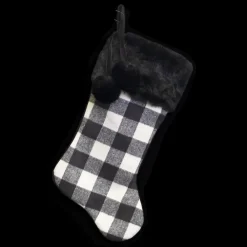 Hot Christmas Forever STOCKING 20.5″ BLACK/ WHITE PLAID W/BLACK FAUX FUR CUFF AND POM POMS