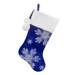 Christmas Forever STOCKING 20.5″ BLUE VELVET W/ IRID. SNOWFLAKES SEQUINS EMBROIDERY, FAUX FUR CUFF W/ POM POMS
