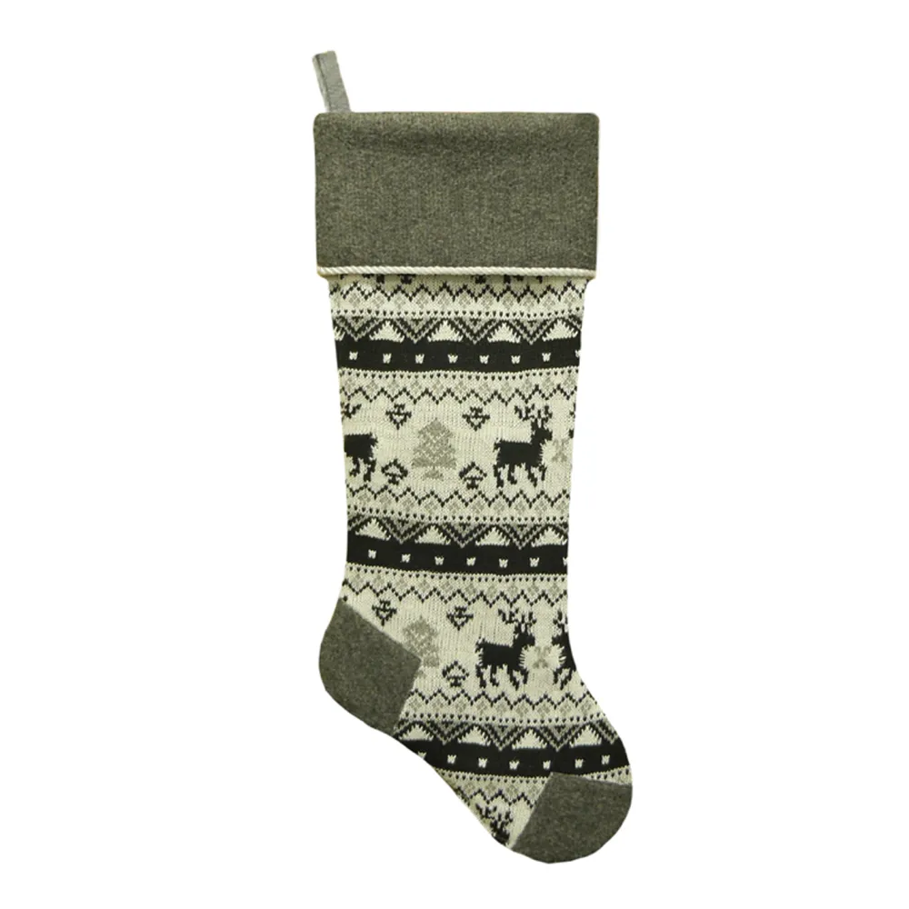 Clearance Christmas Forever STOCKING 21.5″ GRAY KNITTED & FLEECE W/ FLEECE CUFF & CORD, HEEL & TOE DESIGN