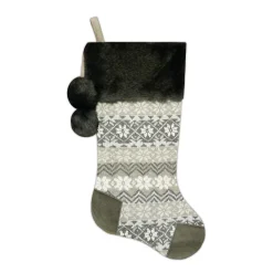 New Christmas Forever STOCKING 20.5″ GRAY KNITTED & SUEDE, FAUX FUR CUFF W/ POM POMS