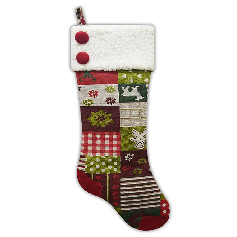 Best Christmas Forever STOCKING 21.5″ MULTI PATCHWORK TAPESTRY W/ SHERPA CUFF & BUTTONS