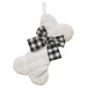 Clearance Christmas Forever STOCKING 14″ PET DOG BONE WHITE VELVET QUILTED W/ BLK/ WHT PLAID BOW
