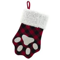 Outlet Christmas Forever STOCKING 13″ PET PAW RED/BLACK BUFFALO PLAID W/ SHERPA CUFF