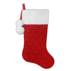 Discount Christmas Forever STOCKING 20.5″ RED QUILTED VELVET W/ FAUX FUR CUFF & POM POMS