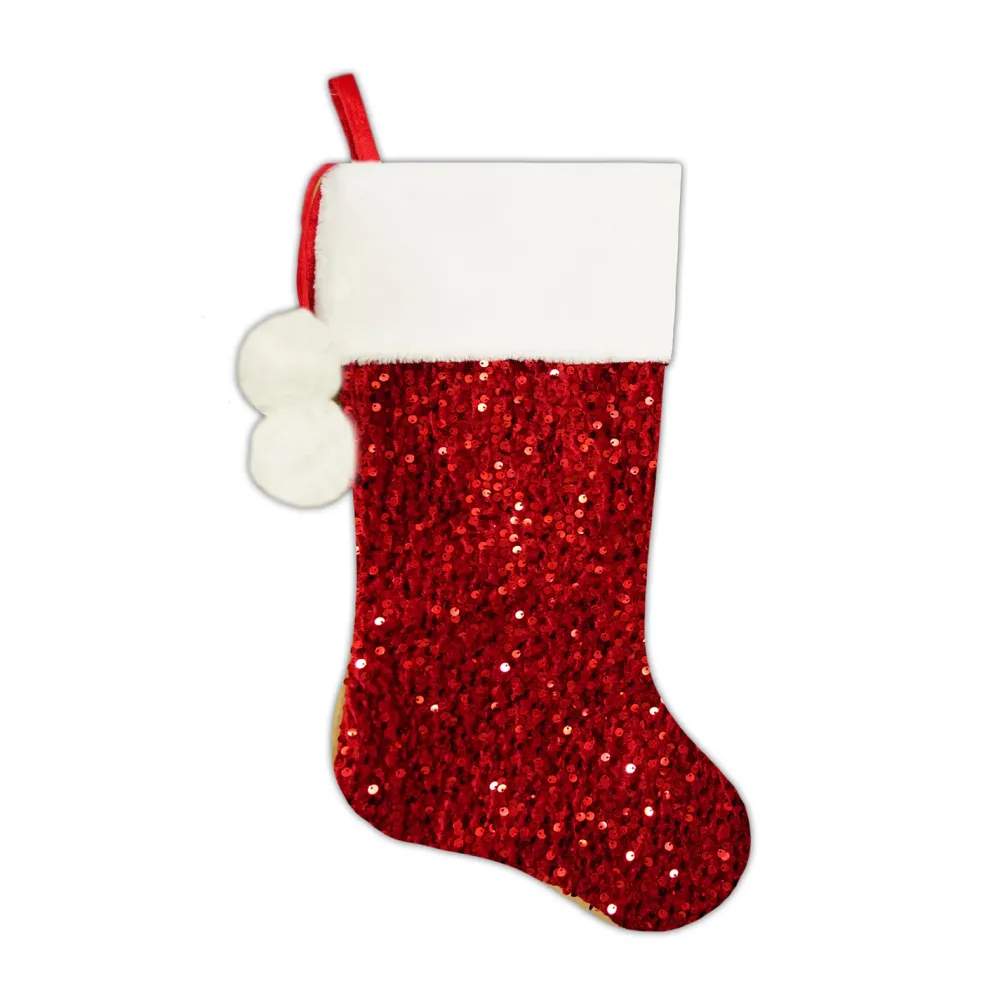 Best Christmas Forever STOCKING 20.5″ RED SEQUIN VELVET W/ FAUX FUR CUFF & POMS POMS