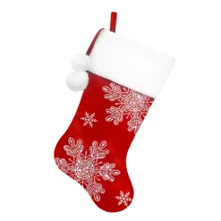 Outlet Christmas Forever STOCKING 20.5″ RED VELVET W/ IRID. SNOWFLAKES SEQUINS EMBROIDERY, FAUX FUR CUFF W/ POM POMS