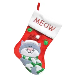 Discount Christmas Forever STOCKING 13″ RED VELVET W/ METALLIC CAT APPLIQUE, FLEECE CUFF W/ EMBROIDERY & METALLIC CORD