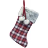 Outlet Christmas Forever STOCKING 20.5″ RED/ WHITE/ BLACK PLAID W/ FAUX FUR CUFF & POMPOMS