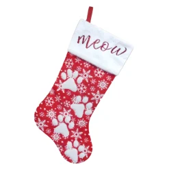 New Christmas Forever STOCKING 20.5″ RED/WHITE SNOWFLAKE W/ APPLIQUE, FAUX FUR CUFF W/ PAW EMBROIDERY