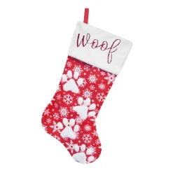 Outlet Christmas Forever STOCKING 20.5″ RED/WHITE SNOWFLAKE W/ APPLIQUE, FAUX FUR CUFF W/ PAW EMBROIDERY