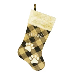 Hot Christmas Forever STOCKING 20.5″ TAN/BLACK BURLAP PLAID W/ FAUX FUR CUFF, PAW EMBROIDERY