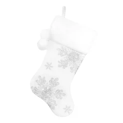 New Christmas Forever STOCKING 20.5″ WHITE VELVET W/ IRID. SNOWFLAKES SEQUINS EMBROIDERY, FAUX FUR CUFF W/ POM POMS