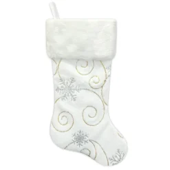 Outlet Christmas Forever STOCKING 20.5″ WHITE W/ SILVER SEQUINS SNOWFLAKE FAUX FUR WITH FAUX FUR CUFF