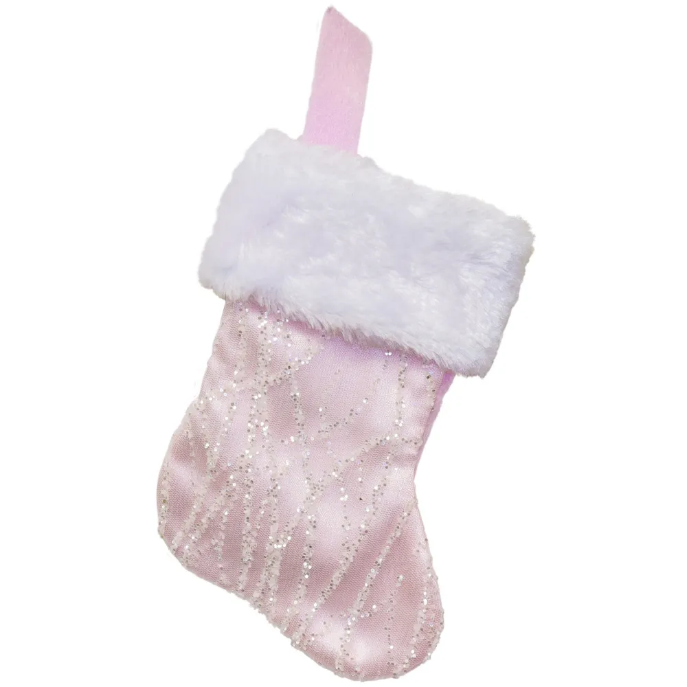 Clearance Christmas Forever STOCKING MINI 6″ PINK ORGANZA W/ SILVER GLITTER WAVE PATTERN & FAUX FUR CUFF