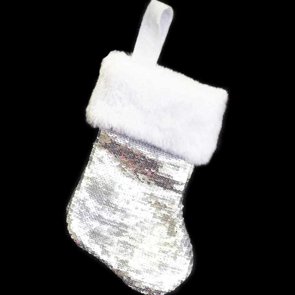 Best Christmas Forever STOCKING MINI 6″ SILVER SEQUIN W/FAUX FUR CUFF