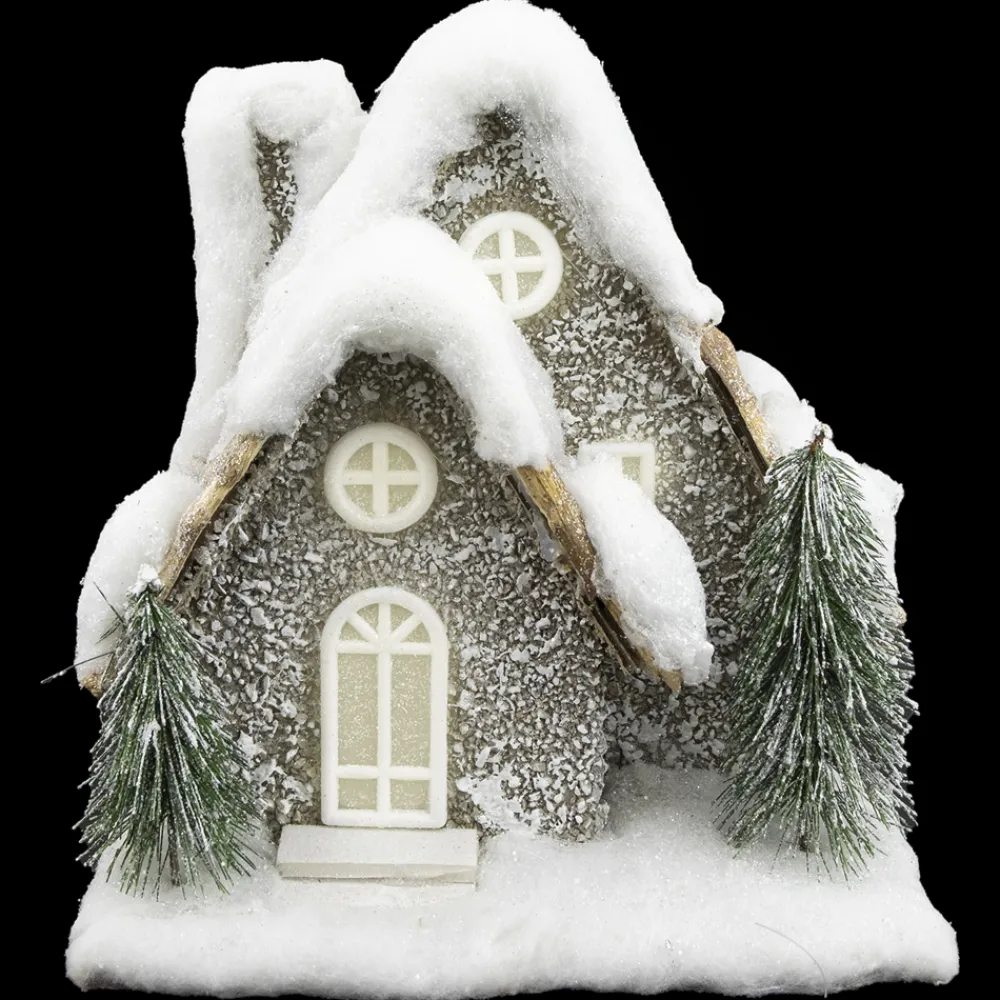 Online Christmas Forever STONE LOOK HOUSE 9.5″ GREY W/ LED LIGHTS B/O