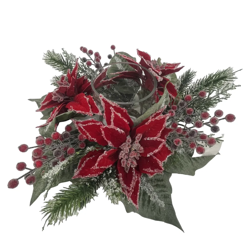 Hot Christmas Forever TABLE DECOR RED POINSETTIA 16″ ICED W/ CANDLE HOLDER W/ MIXED GREENS & ICED RED BERRIES