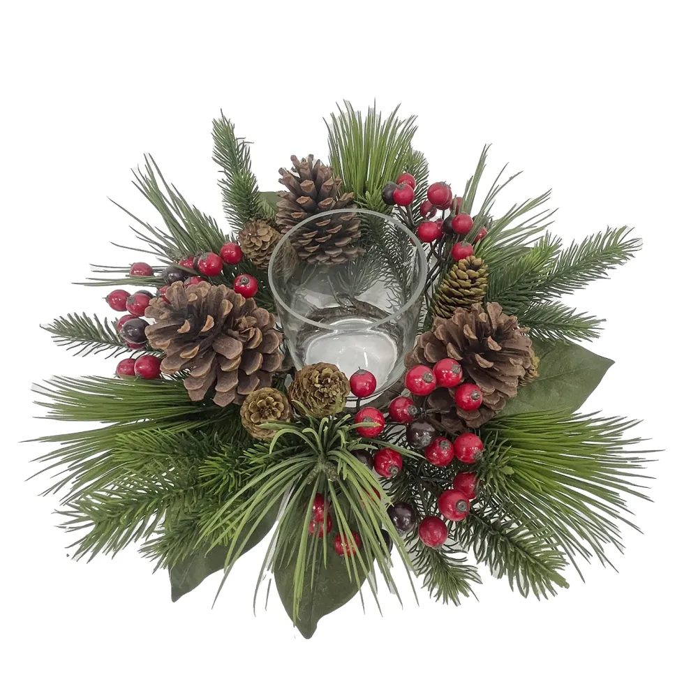 Outlet Christmas Forever TABLE DECOR W/ CANDLE HOLDER 16″ W/ RED BERRIES NEEDLE PINE & CONES