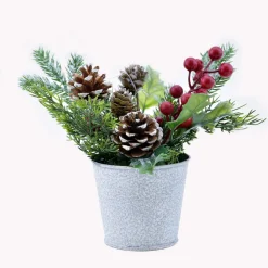New Christmas Forever TABLE PIECE 8″ MIXED GREENS W/ PINE CONES & BERRIES IN POT