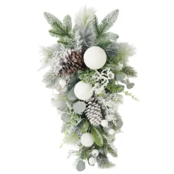 Clearance Christmas Forever TEARDROP PINE FROSTED 30″ MIXED PINE W/ PINE CONES & SNOW BALLS