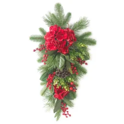 New Christmas Forever TEARDROP RED HYDRANGEA 30″ W/LOTUS PODS , MIXED GREENS & RED BERRIES