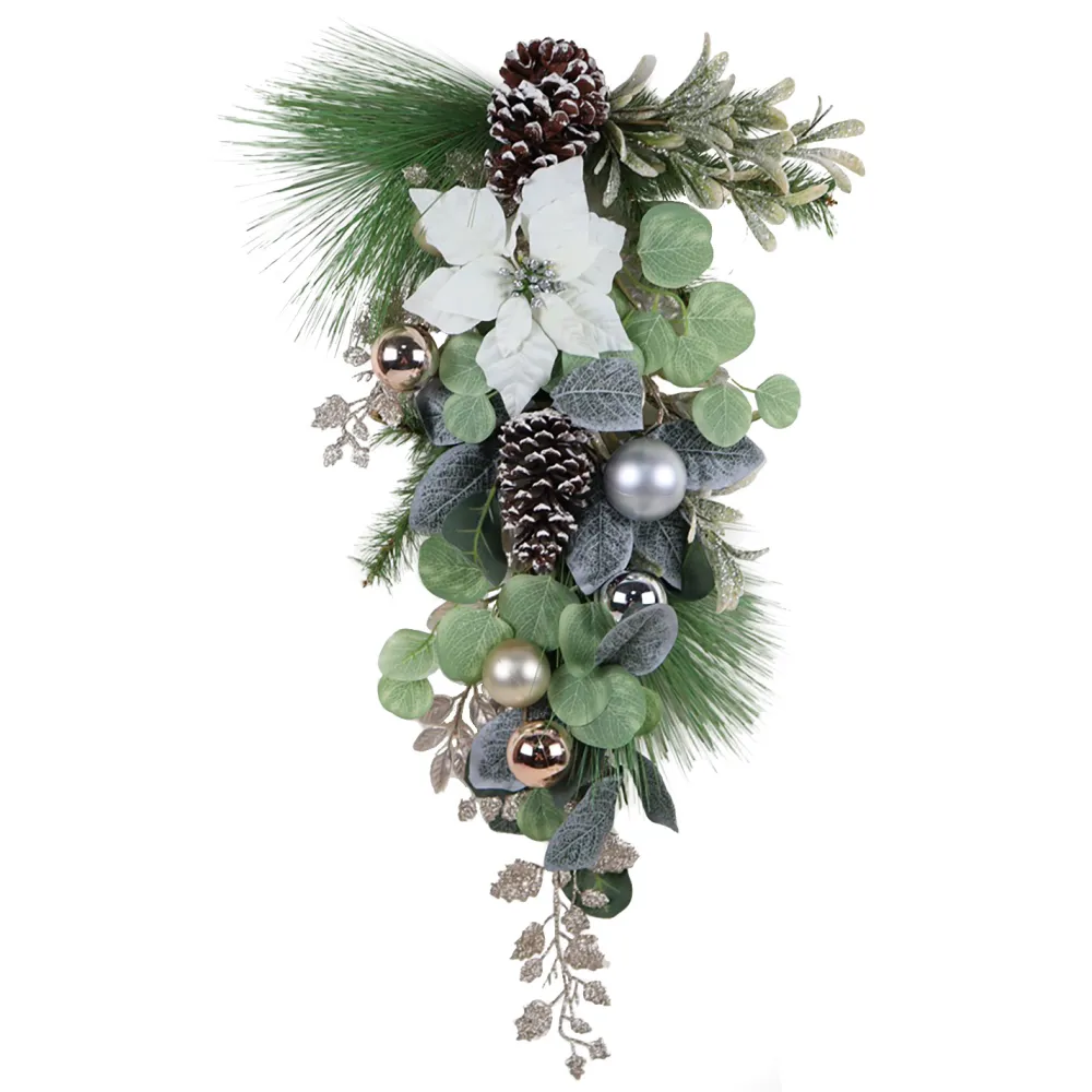 Hot Christmas Forever TEARDROP WHITE POINSETTIA 28″ W/ MIXED GRRENS BERRIES & CHAMPAGNE BALLS
