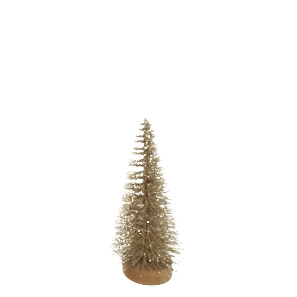 Best Christmas Forever TREE BOTTLE BRUSH GOLD GLTR. 8″ W/ WOOD BASE