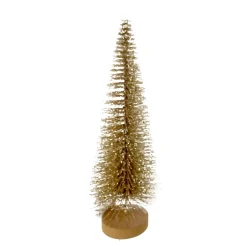 New Christmas Forever TREE BOTTLE BRUSH GOLD GLTR. 14″ W/ WOOD BASE