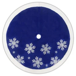 Clearance Christmas Forever TREE SKIRT 48″ BLUE VELVET W/ FAUX FUR BORDER, IRID. SNOWFLAKES SEQUINS EMBROIDERY