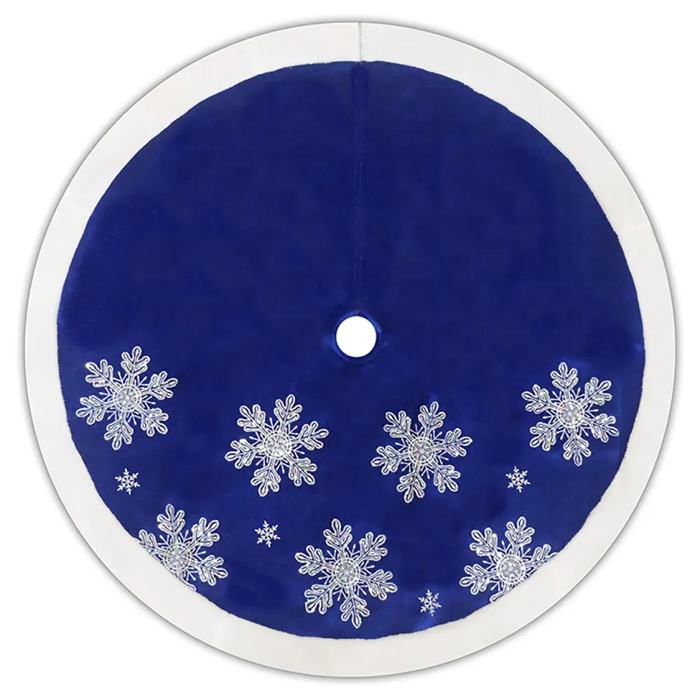 Clearance Christmas Forever TREE SKIRT 48″ BLUE VELVET W/ FAUX FUR BORDER, IRID. SNOWFLAKES SEQUINS EMBROIDERY