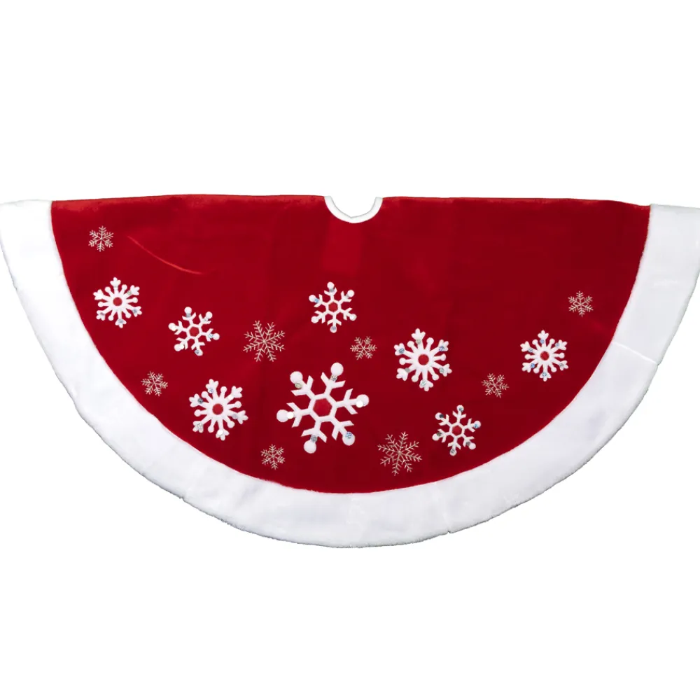 Hot Christmas Forever TREE SKIRT 48″ RED VELVET SNOWFLAKE DESIGN W/ WHITE FUR BORDER