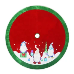 Clearance Christmas Forever TREE SKIRT 48″ RED VELVET W/ METALLIC EMBROIDERY GNOME DESIGN