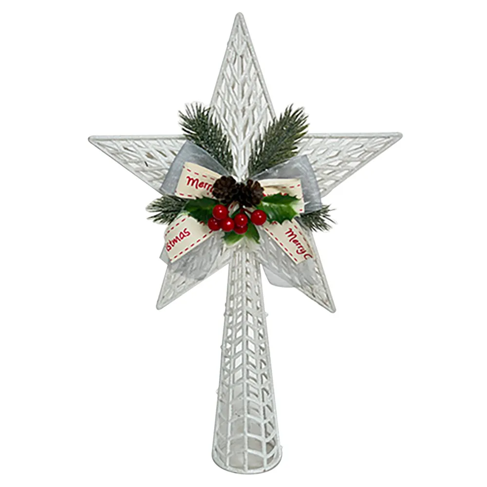 New Christmas Forever TREE TOP STAR WHITE 14.5″ W/ BOW, PINE, CONE & BERRIES