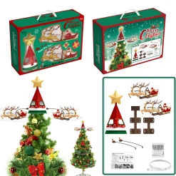 New Christmas Forever TREE TOPPER – ROTATING SLEIGH 9PCS W/MOVEMENT, LIGHTS & MUSIC B/O 25.5″x25.5″x16″