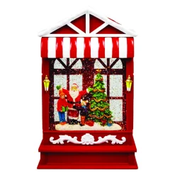 Christmas Forever WATER GLOBE HOUSE SCENE AUTO SPINNER WITH SANTA & TREE IN SWIRL GLITTER LED 10″
