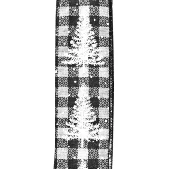 Clearance Christmas Forever WIRED RIBBON 2.5″X10 YDS BLACK/ WHITE CHECK W/ WHITE TREES