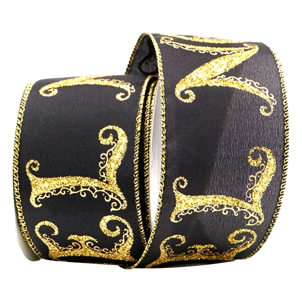 New Christmas Forever WIRED RIBBON 2.5″x10 YDS. BLACK W/ GOLD “NOEL”