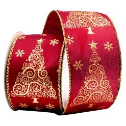Christmas Forever WIRED RIBBON 2.5″x10 YDS. BURGUNDY W/ SWIRLY/CURLY TREES
