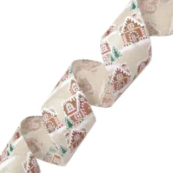 New Christmas Forever WIRED RIBBON 2.5″x10 YDS. BURLAP W/ BROWN, RED & GREEN SNOWED GINGERBREAD HOUSE