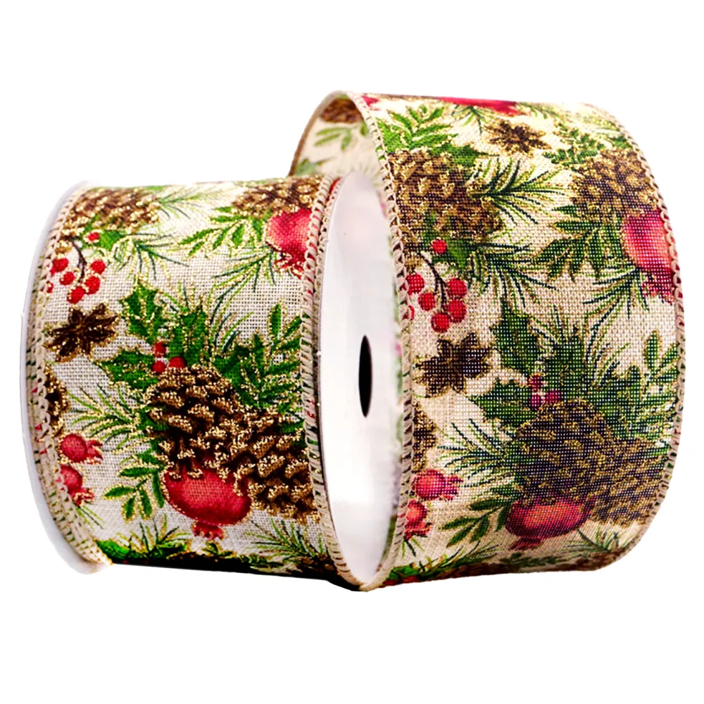 Outlet Christmas Forever WIRED RIBBON 2.5″x10 YDS. CREAM W/ EVERGREENS & PINECONES