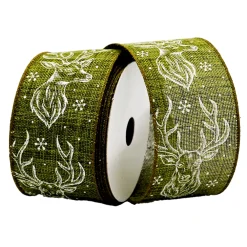 New Christmas Forever WIRED RIBBON 2.5″x10 YDS. FROST GREEN W/ REINDEER HEAD