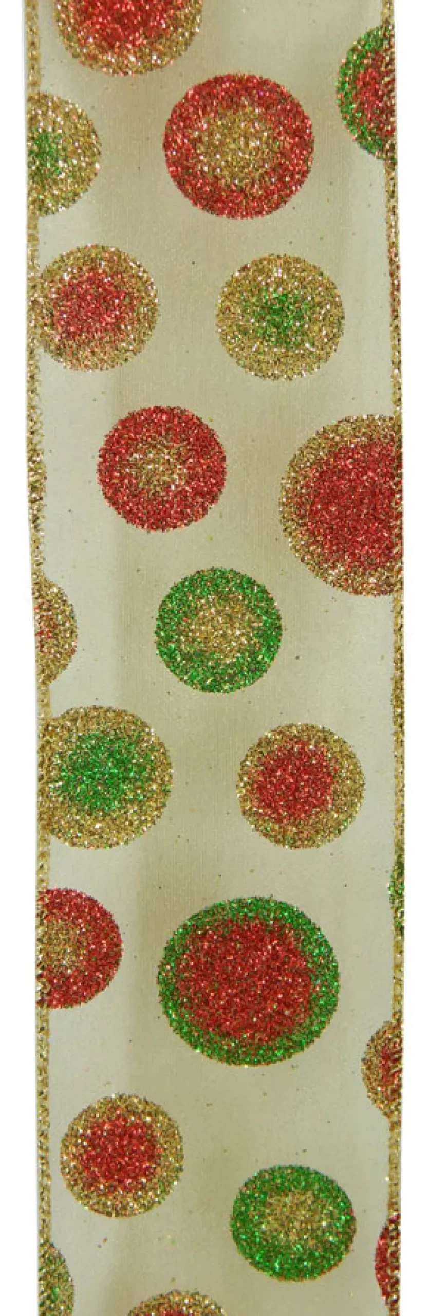 Clearance Christmas Forever WIRED RIBBON 2.5″X10 YDS IVORY W/ GOLD, RED, GREEN GLIITER DOTS