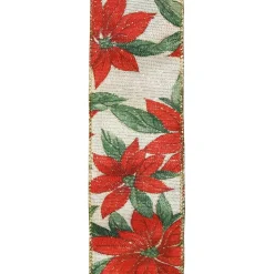 Hot Christmas Forever WIRED RIBBON 2.5″X10 YDS IVORY W/ RED POINSETTIA