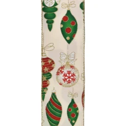 Hot Christmas Forever WIRED RIBBON 2.5″X10 YDS IVORY TWILL W/XMAS BALLS & FINIALS