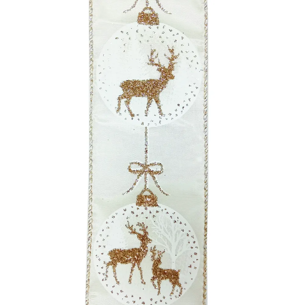 Best Christmas Forever WIRED RIBBON 2.5″X10 YDS IVORY W/GOLD REINDEER IN BALLS