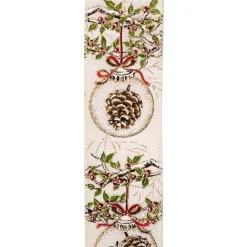 Sale Christmas Forever WIRED RIBBON 2.5″X10 YDS IVORY W/ PINE CONE IN SPRUCE & BAUBLES