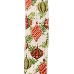Sale Christmas Forever WIRED RIBBON 2.5″X10 YDS IVORY W/ BAUBLES, FINIALS & CEDAR