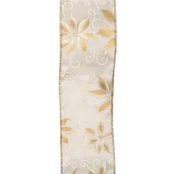 Hot Christmas Forever WIRED RIBBON 2.5″X10 YDS IVORY W/ GOLD HOLIDAY POINSETTIA