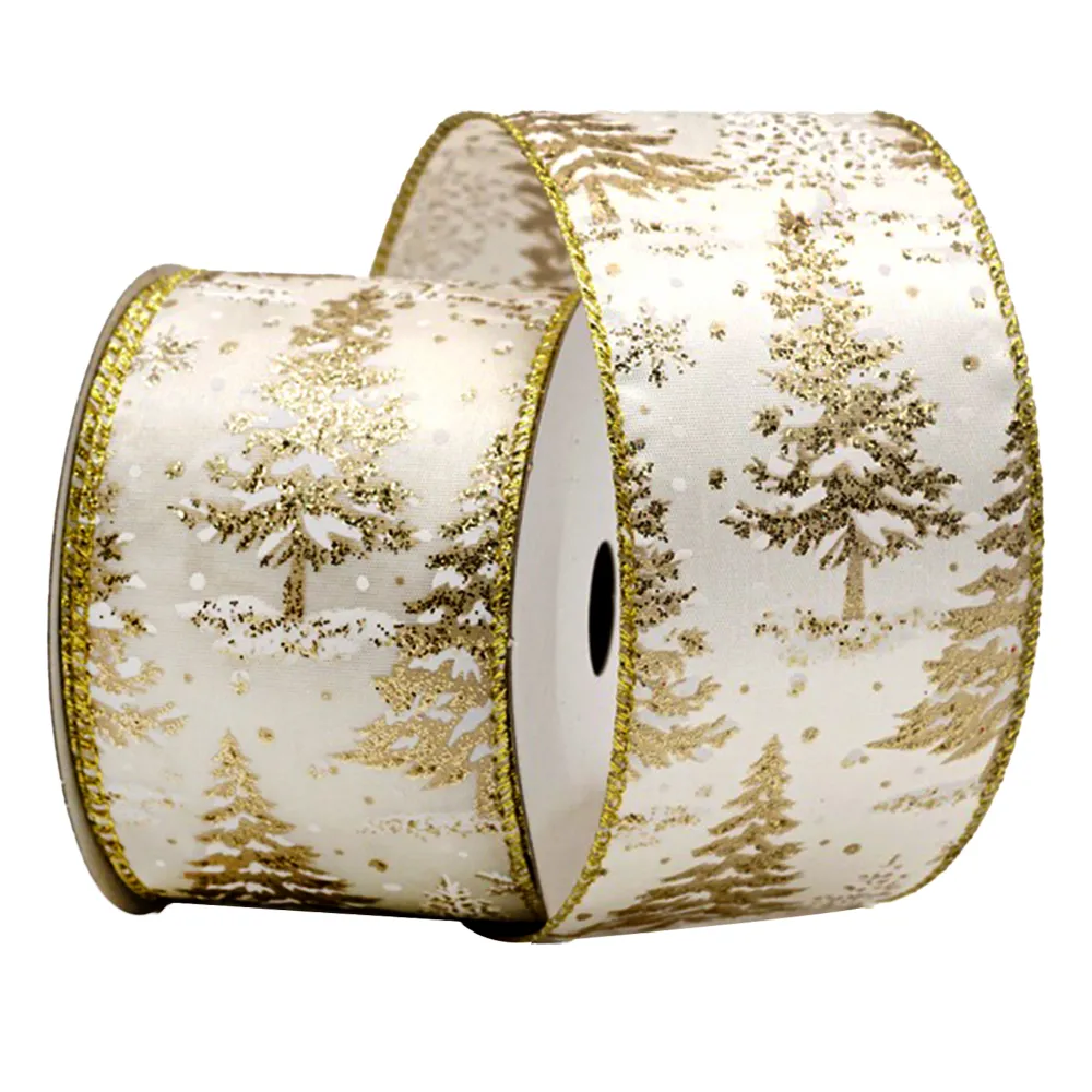 Discount Christmas Forever WIRED RIBBON 2.5″x10 YDS. IVORY W/ CHAMPANGE TREES